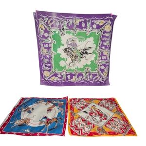 1940s Western Cowboy USA Vintage Handkerchiefs Set Of 3 Rodeo Horse Hankie